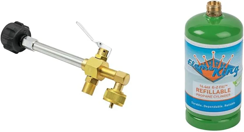 The Flame King 1lb refillable propane tank kit showing the adapter and the proprietary refillable green cylinder.