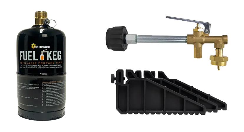 Alt text: The Mr. Heater Fuel Keg refillable 1lb propane tank alongside the refill kit, including the tap valve and three stabilizing feet.