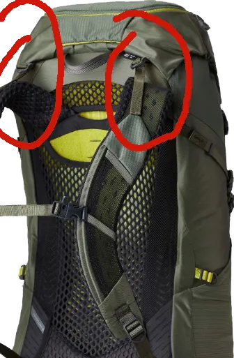 A side view of a hiking backpack with the load lifter straps circled, demonstrating how they connect the shoulder harness to the main pack body.