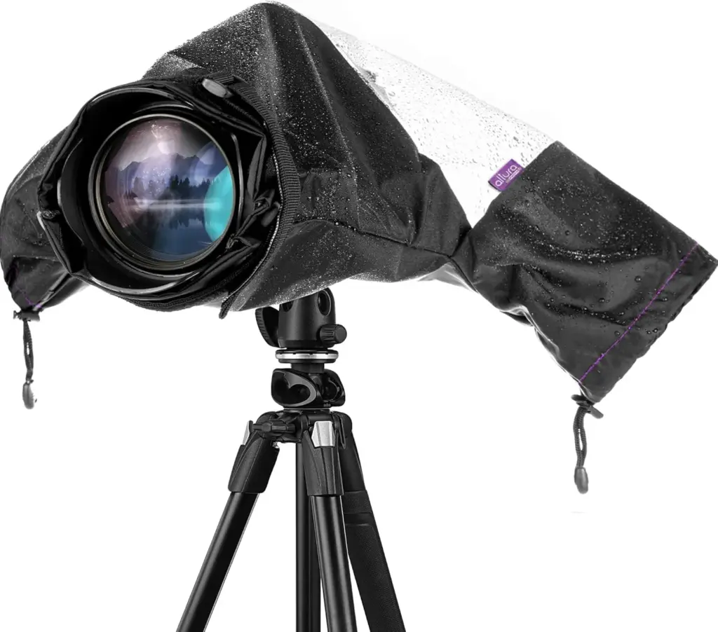 the Altura Photo Professional Rain Cover on a DSLR camera