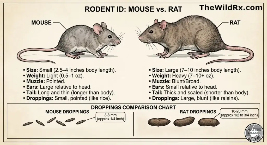 A detailed drawing comparing a mouse and a rat side by side, including a comparison of their body size, tail length, and dropping shapes for easy identification.