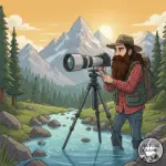 Cartoon of a bearded nature photographer with a telephoto lens and carbon fiber tripod standing in a mountain stream