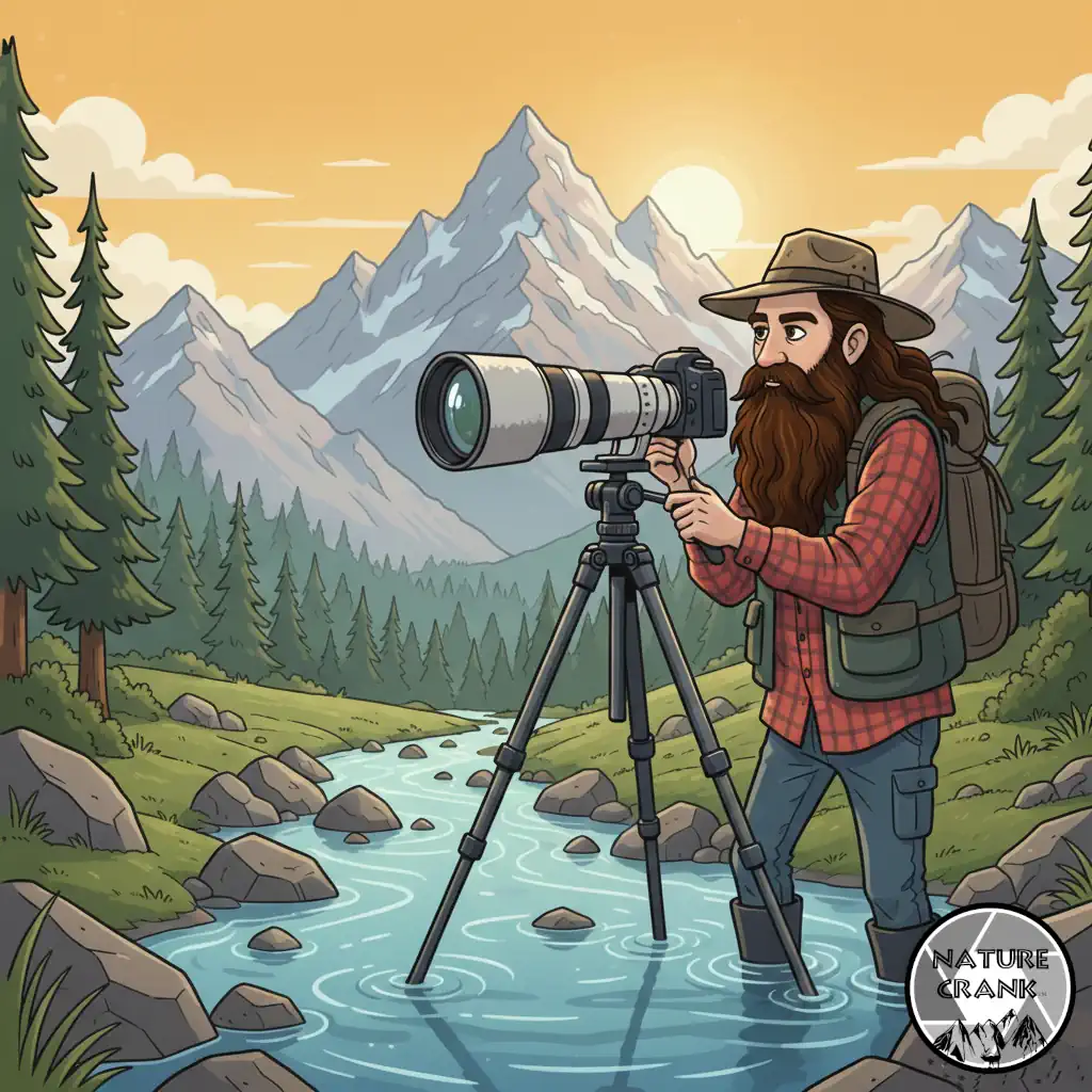 Cartoon of a bearded nature photographer with a telephoto lens and carbon fiber tripod standing in a mountain stream