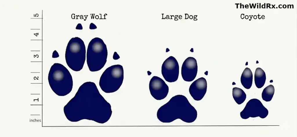 A scale diagram comparing the paw prints of a gray wolf, a large dog, and a coyote in inches. The gray wolf track is the largest at 5 inches, followed by a large dog, and a smaller coyote track.