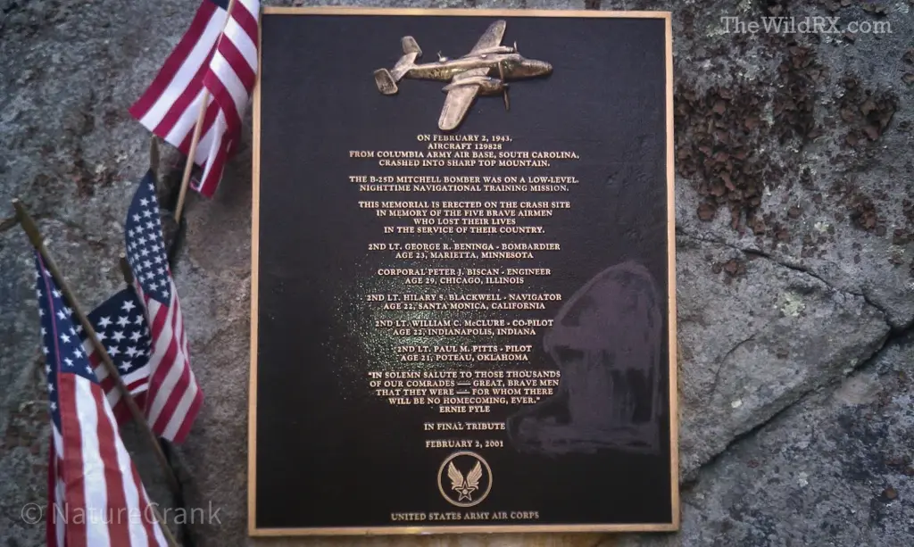 Memorial plaque on Sharp Top Mountain dedicated to the five crew members of the 1943 B-25 Mitchell bomber crash.