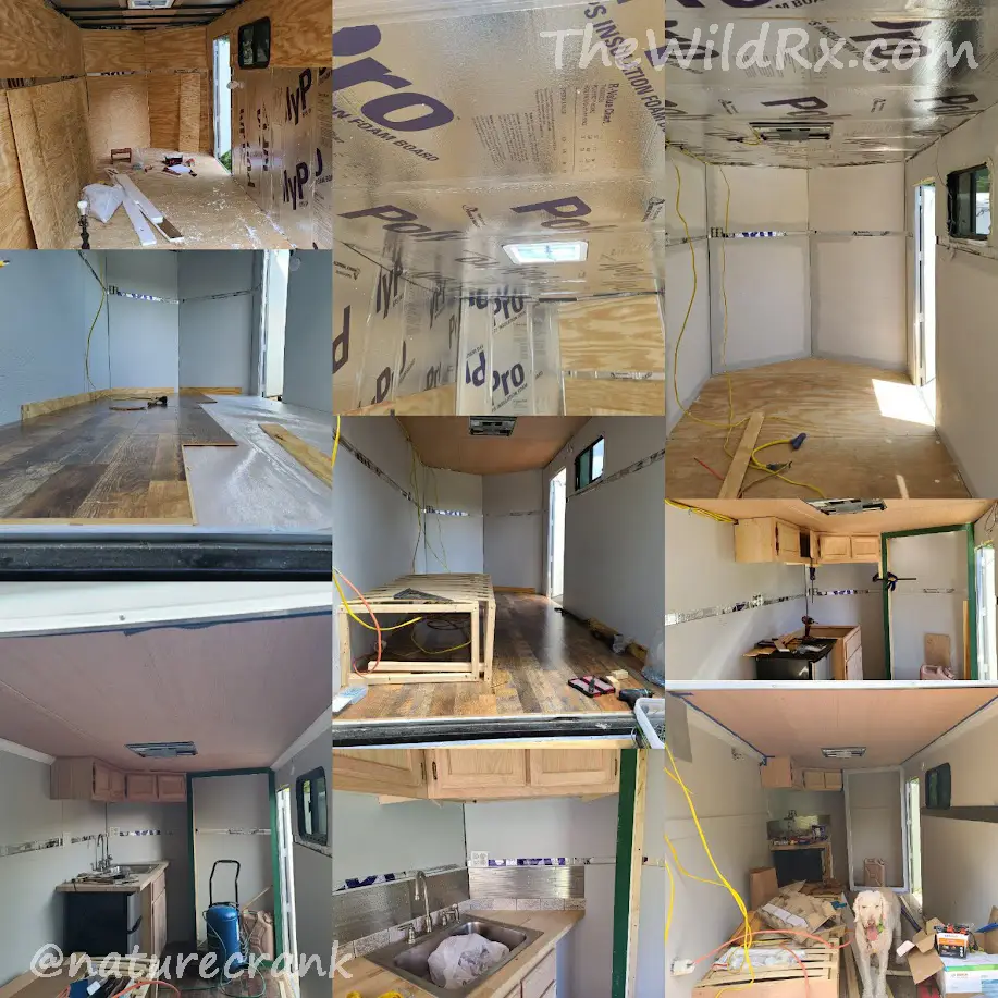 Collage of photos showing the step-by-step DIY conversion of a cargo trailer into a travel trailer.