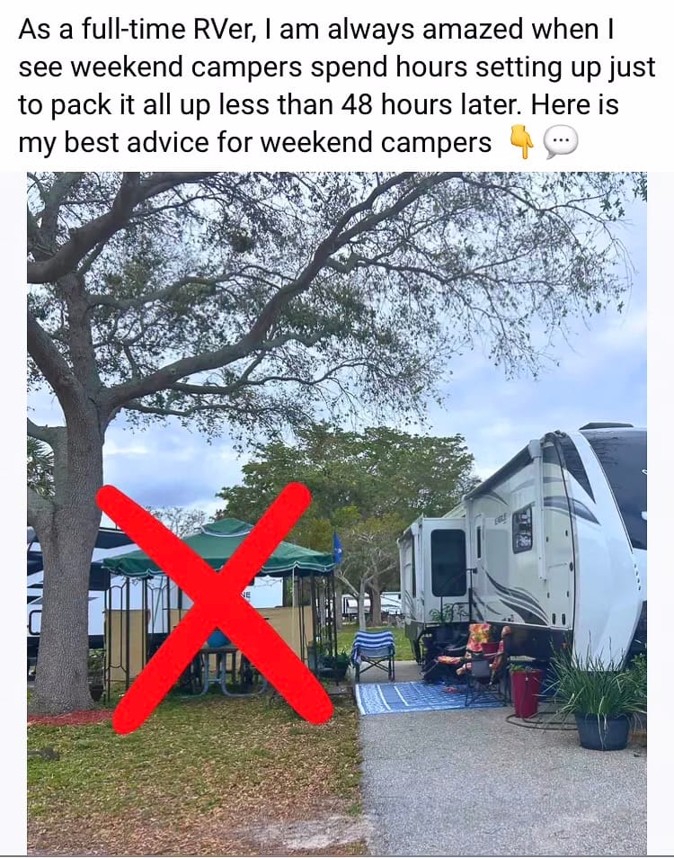 A screenshot of a social media post where a full-time RVer criticizes luxury or comfort items in a nomadic lifestyle.
