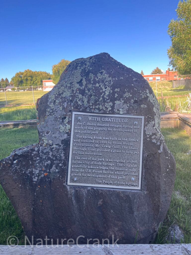 Bronze dedication plaque for Joe C. Hedin at Octagon Spring Park in Soda Springs Idaho.