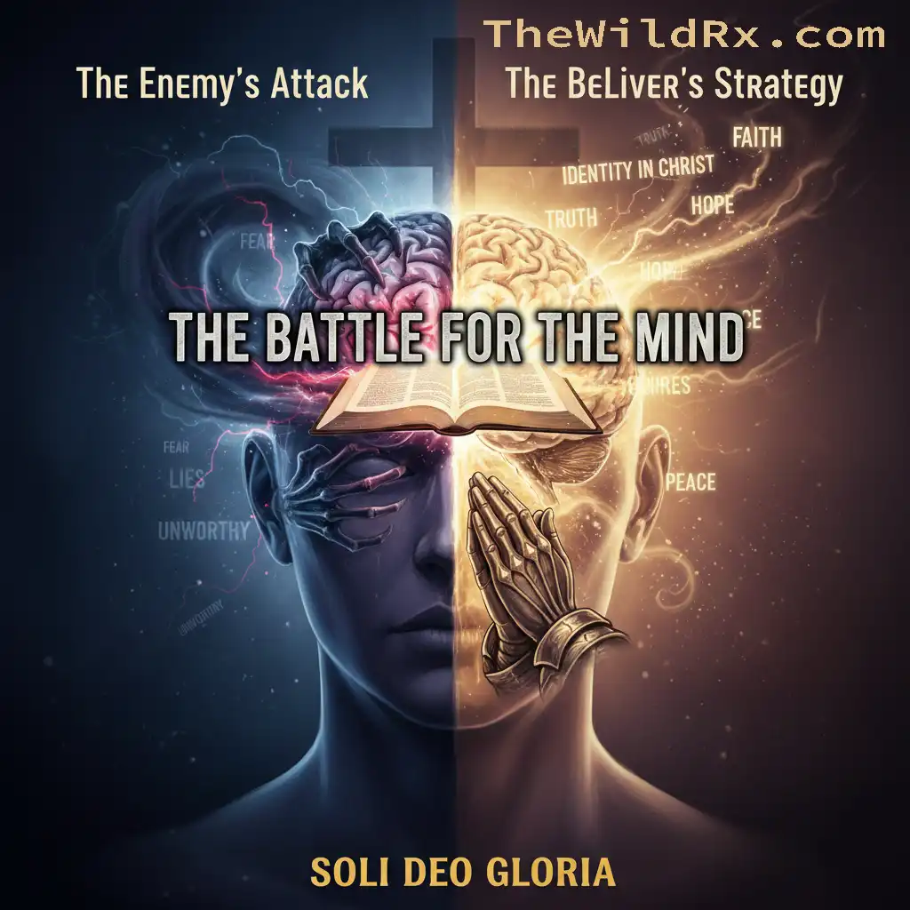 Graphic showing a split-view of a human head representing the spiritual battle for the mind between darkness and light.