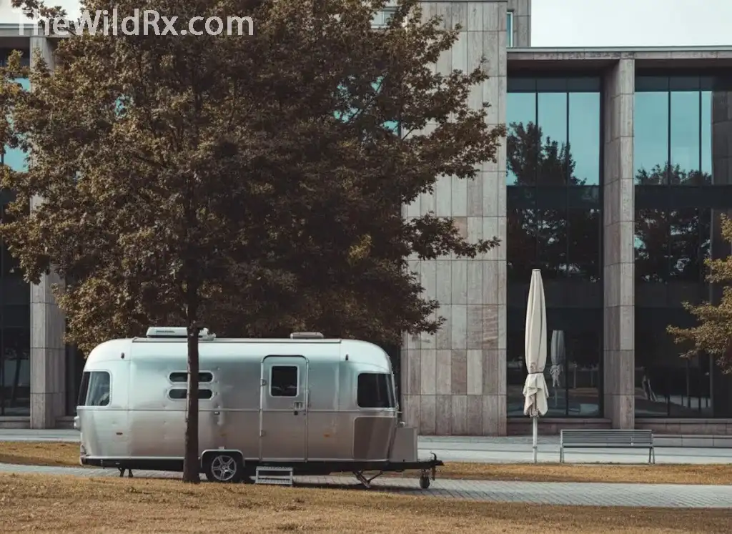 Modern motorhome parked next to a suburban house -- RV living vs homeownership costs.
