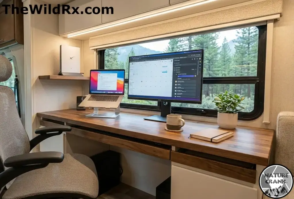 Ergonomic digital nomad office setup inside a luxury RV with Starlink and mountain view