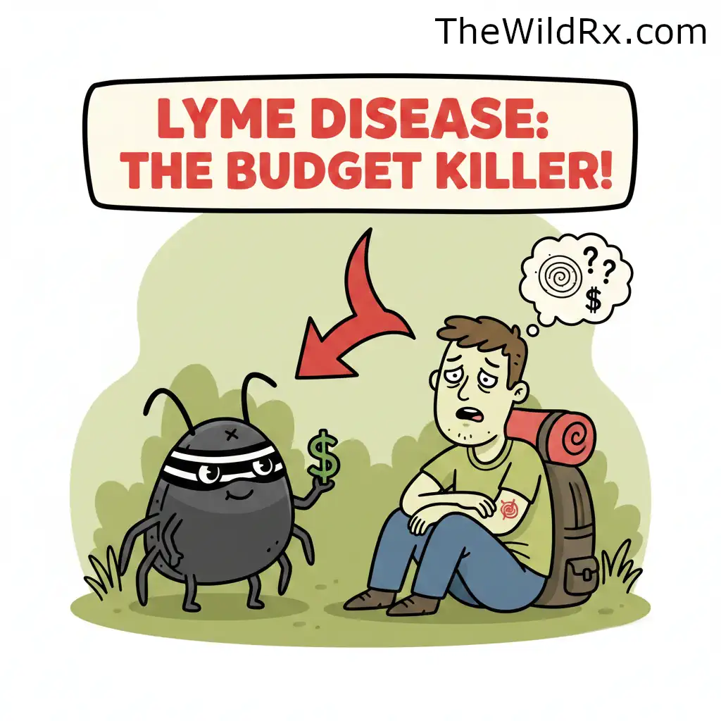 Cartoon illustration of a tick dressed as a thief stealing money from an exhausted Appalachian Trail thru-hiker with a bullseye rash, titled Lyme Disease: The Budget Killer