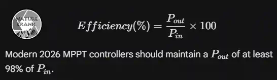 Formula for solar efficiency: Efficiency percentage equals power out divided by power in times 100.