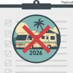 Graphic illustration of a vintage motorhome on a manager's clipboard with a red X, representing RV park 10-year rule bans in 2026.