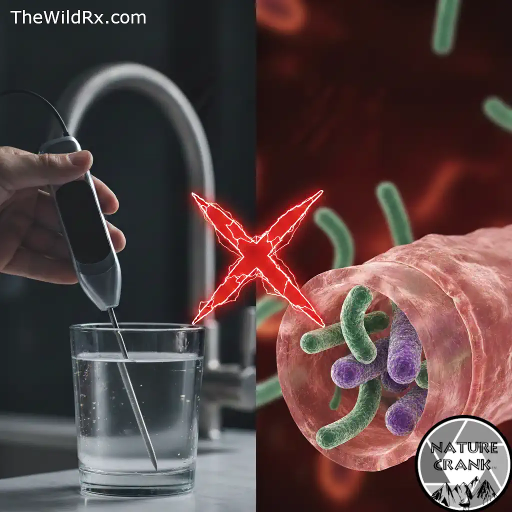 A side-by-side comparison showing a handheld TDS meter testing a glass of clear water on the left, and a microscopic view of harmful bacteria like E. coli inside an RV pipe on the right, separated by a red X symbol.