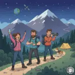Cartoon illustration of three thru-hikers on a mountain trail at night. One hiker holds a satellite-connected smartphone, one checks a smartwatch, and one holds a camera. A satellite and a cell tower are visible in the background against a starry sky.