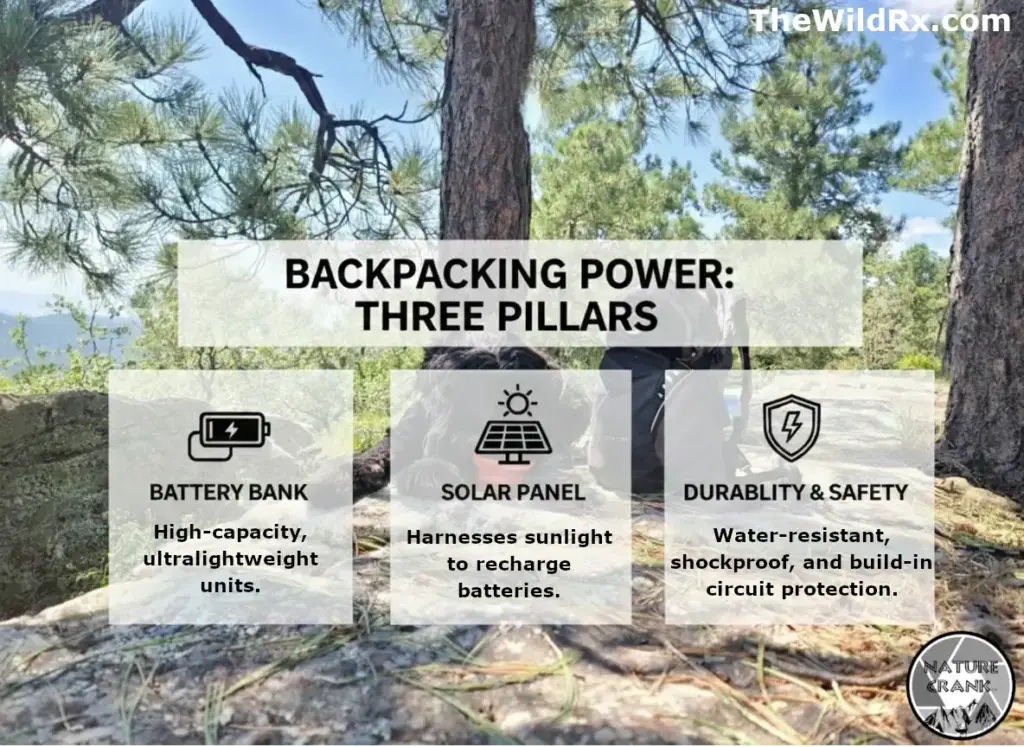 An infographic titled "Backpacking Power: Three Pillars" showing the relationship between a battery bank, solar panel, and safety features for wilderness hiking.