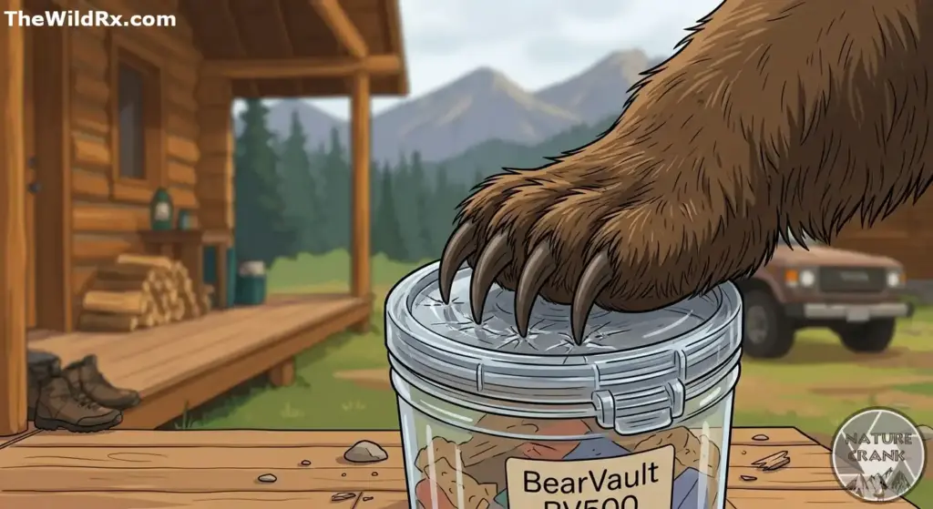 A close-up illustration showing a bear's powerful paw and sharp claws attempting to breach a secure BearVault BV500 canister on a cabin porch, visualizing structural integrity.
