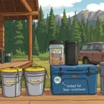 Cartoon illustration of IGBC-certified BearVault BV500, Yeti Tundra cooler, and Gamma Seal buckets for off-grid food storage at a cabin.