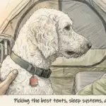 An illustration of a hiker petting a labradoodle named Maximus inside a Mountainsmith Morrison Evo tent with a backpacking pack and sleep system.