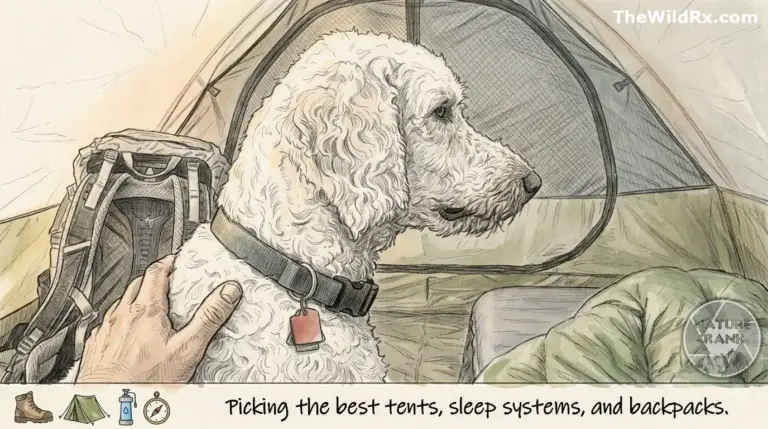 An illustration of a hiker petting a labradoodle named Maximus inside a Mountainsmith Morrison Evo tent with a backpacking pack and sleep system.