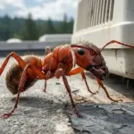 A macro close-up of a large carpenter ant near an RV air conditioning unit on a rubber roof, illustrating how pests enter a motorhome.
