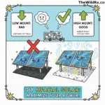 Comparison illustration showing low-mounted vs. high-mounted bifacial solar panels, highlighting the benefits of increased ground clearance for albedo gain and cooling.