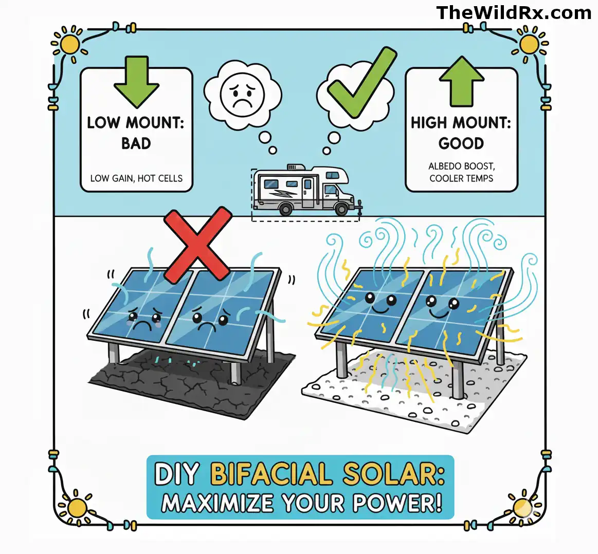 Comparison illustration showing low-mounted vs. high-mounted bifacial solar panels, highlighting the benefits of increased ground clearance for albedo gain and cooling.