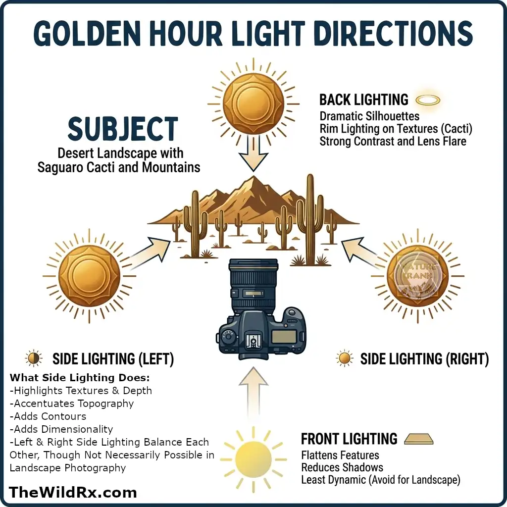 An infographic showing four lighting directions—back lighting, side lighting, and front lighting—relative to a camera and a desert landscape with saguaro cacti and mountains.