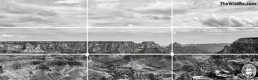 A panoramic black and white photograph of the Grand Canyon with a white Rule of Thirds grid overlaid, showing how key rock formations align with the vertical lines and the horizon line rests on the lower horizontal line.