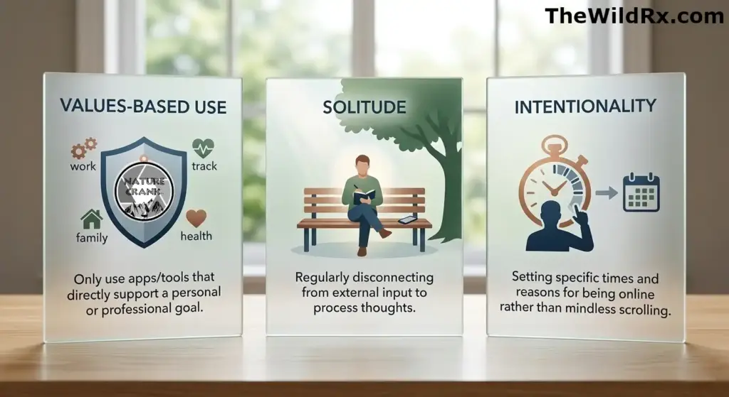A three-panel minimalist infographic illustrating the core pillars of intentional tech use: 1) Values-based use (compass/shield), 2) Solitude (person sitting under a tree), and 3) Intentionality (pocket watch/timer).