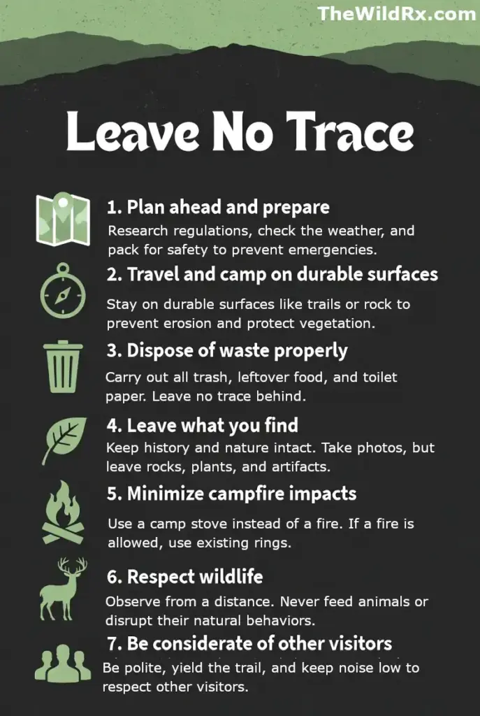 nfographic showing the 7 Leave No Trace principles for responsible hiking and camping, including icons for planning, waste disposal, and wildlife.