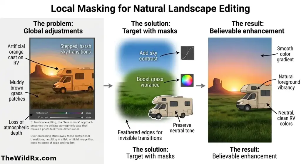 A modern illustrative graphic contrasting the 'crunchy' effect of global sliders with the precise, feathered masking of sky, grass, and a specific object (RV) to preserve neutral tones and natural color gradients.