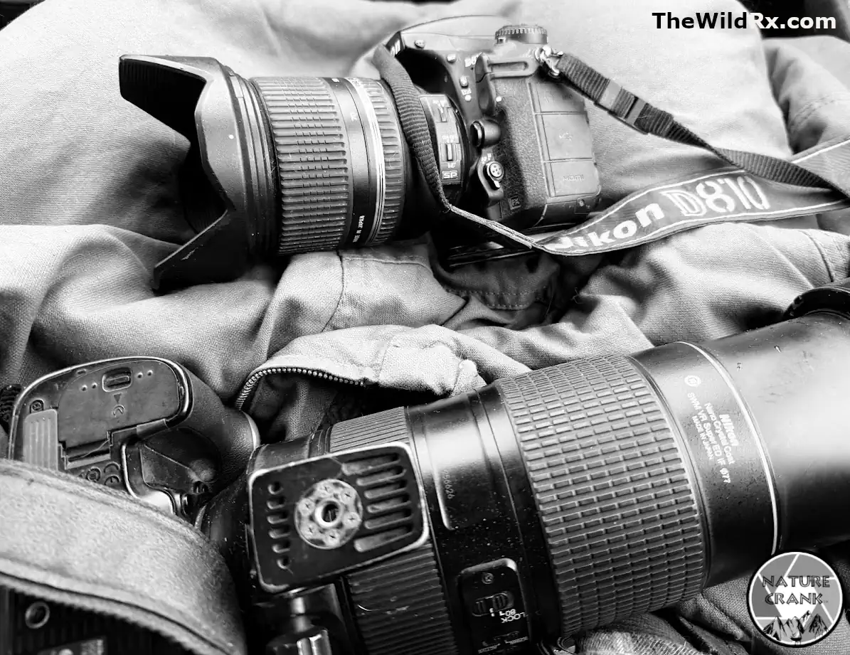 A black and white close-up of a Nikon D810 DSLR camera with a wide-angle lens and a Nikon 70-200mm telephoto lens plus the Nikon D7200.