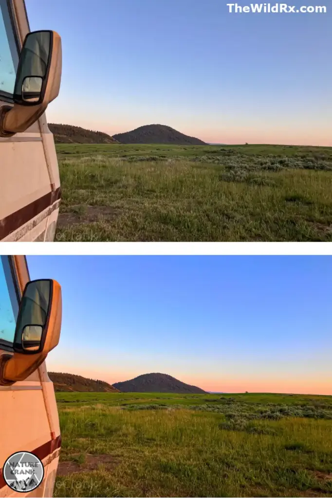 A landscape photo featuring an RV mirror in the foreground with an unnatural orange glow, looking out over a field with brown-spotted grass and a sky with harsh color transitions.