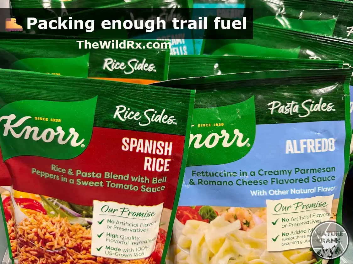 Several packets of Knorr Rice Sides and Pasta Sides used as lightweight, high-calorie backpacking food