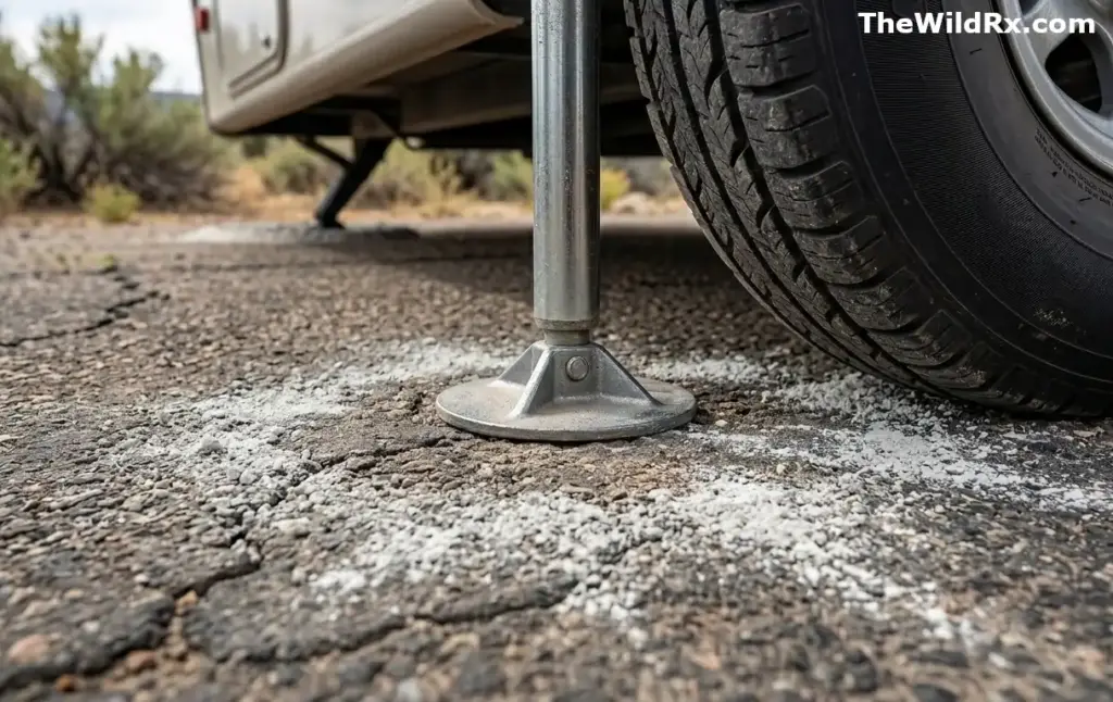 A close-up ground-level view of an RV tire and leveling jack with a light dusting of food-grade diatomaceous earth applied as a pest barrier on asphalt.