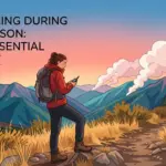 Cartoon illustration of a female hiker using a satellite messenger on a mountain trail with wildfire smoke in the distance.