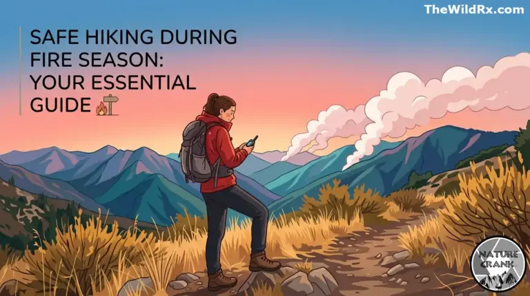 Cartoon illustration of a female hiker using a satellite messenger on a mountain trail with wildfire smoke in the distance.