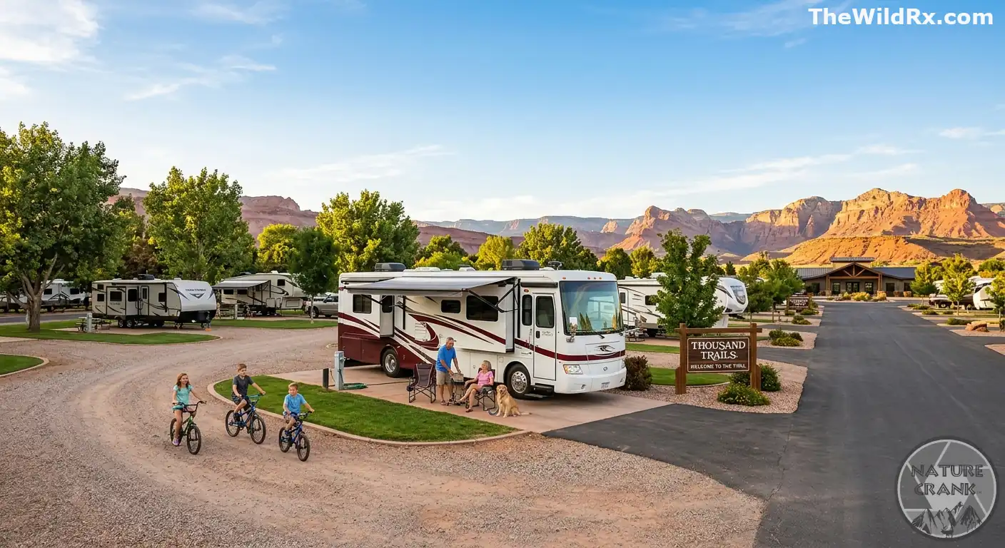 A family with children on bikes and a dog enjoying a stay at a Thousand Trails RV resort with a large Class A motorhome parked in a paved site.