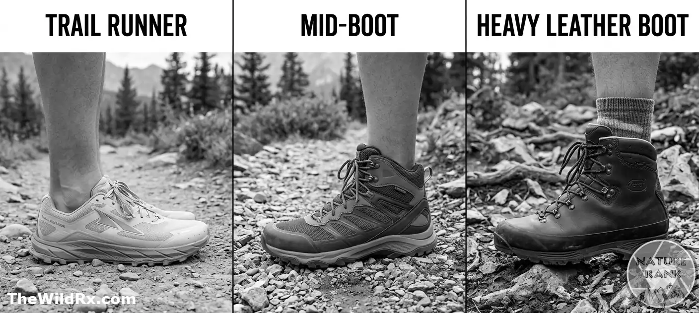 A split-screen comparison showing three types of hiking footwear: a low-cut trail runner, a mid-height synthetic hiking boot, and a rugged, full-grain leather backpacking boot, displayed on natural trail terrain.