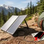 A portable foldable solar panel charging a smartphone on a rocky trail with a mountain backdrop with a red x saying, don't do this!