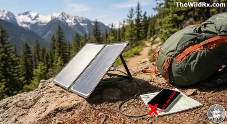 A portable foldable solar panel charging a smartphone on a rocky trail with a mountain backdrop with a red x saying, don't do this!