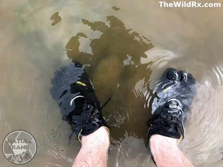 A hiker (me) wearing black Vibram FiveFingers toe shoes standing in murky water during a trail creek crossing.