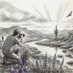 A detailed pencil sketch of a photographer kneeling in a desert landscape with lupine flowers, a winding river, and bighorn sheep at sunset.