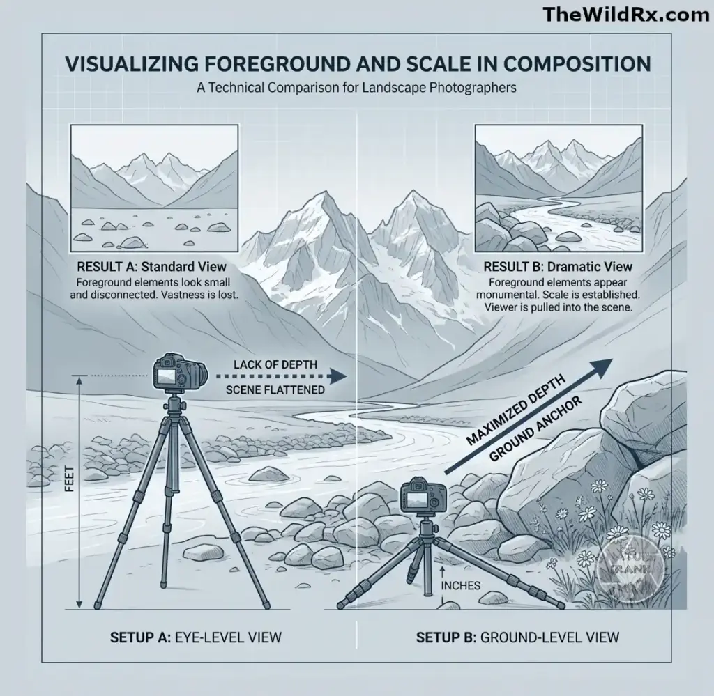 A technical diagram comparing two photography setups in a mountain valley.