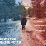 A black cow standing on a rural dirt trail in a forested area, with a blue and red color-split overlay and the text "Wilderness Ready: Backpacking First Aid" in the corner.