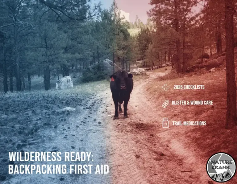 A black cow standing on a rural dirt trail in a forested area, with a blue and red color-split overlay and the text "Wilderness Ready: Backpacking First Aid" in the corner.