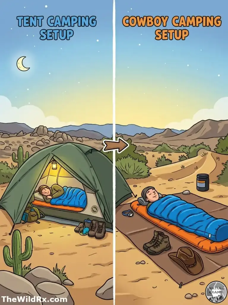 A clean side-by-side cartoon infographic contrasting two overnight setups under a starry sky. The left panel shows a secure, pitched tent with a sleeping hiker. The right panel shows the identical hiker sleeping on the ground with only a groundsheet, pad, bivy, and their signature leather cowboy hat, highlighting the small gear footprint.