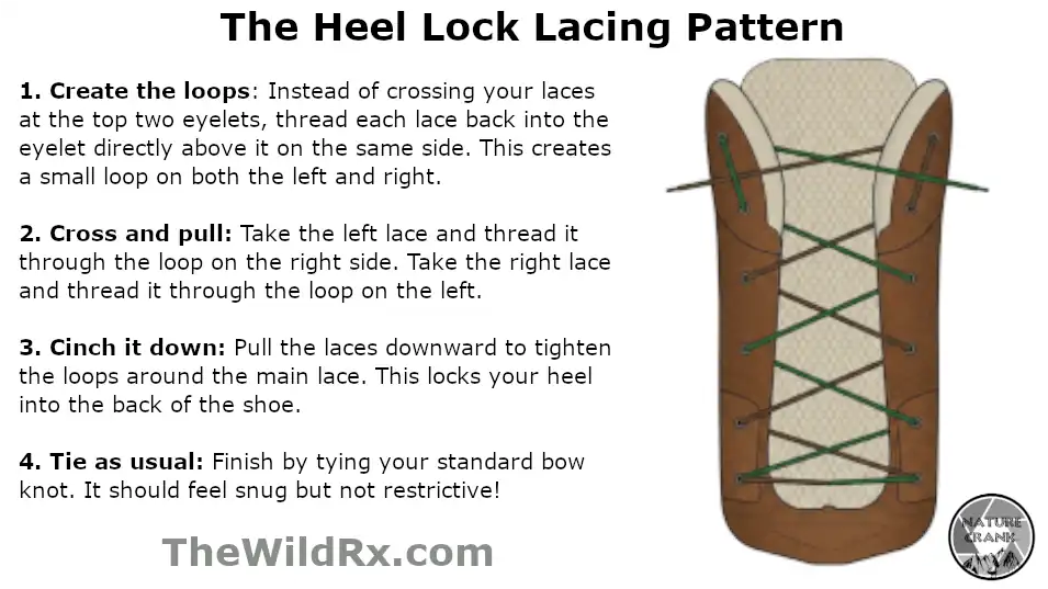 A diagram showing the four steps of the heel lock lacing technique on a brown hiking boot to prevent blisters and heel slippage.